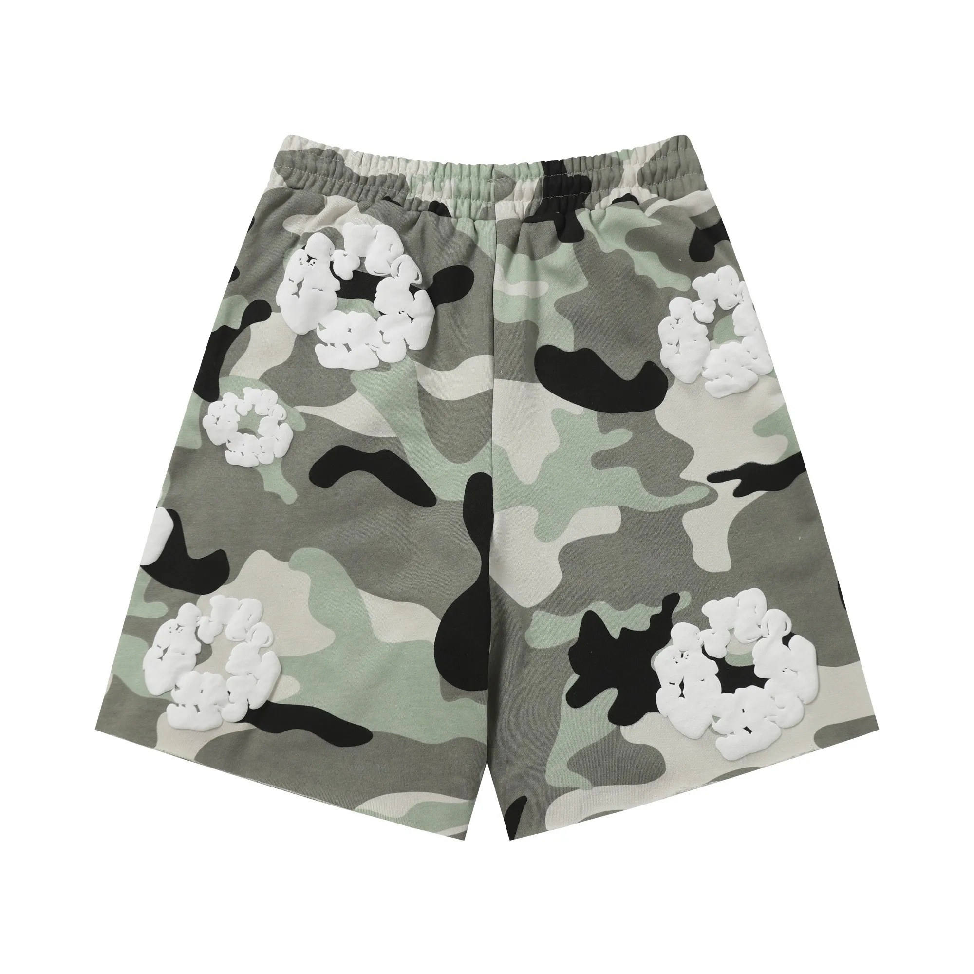 8208# DENIM TEARS Kapok European and American trendy brand high-quality foam flocking camouflage printed shorts Color Camouflage blue Camouflage powder Camouflage gray Camouflage apricot Camouflage green Size S-XL